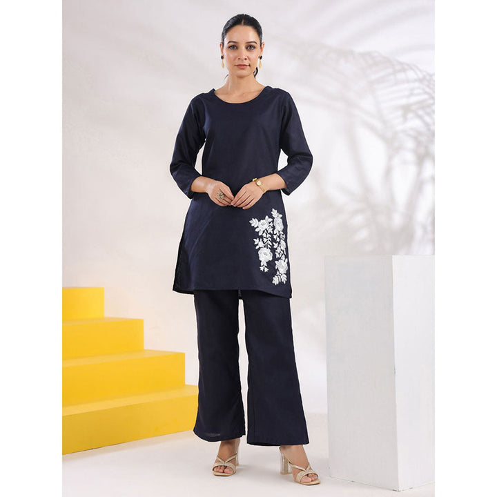 Yufta Women Navy Blue Straight Embroidered Co-Ord (Set of 2)