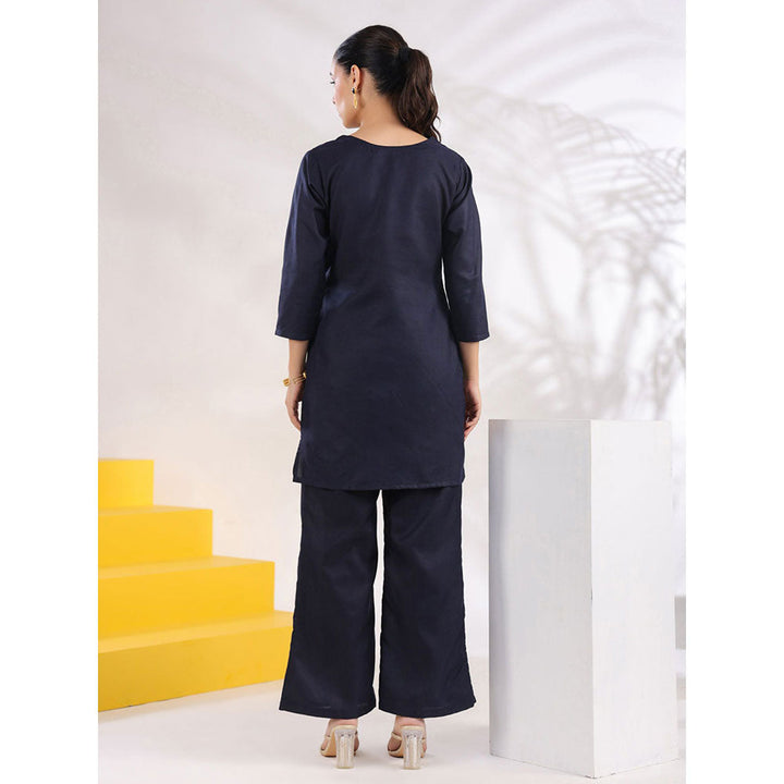 Yufta Women Navy Blue Straight Embroidered Co-Ord (Set of 2)