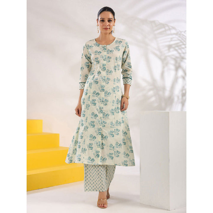 Yufta Women Cream and Blue Pure Cotton Floral Print A-Line Kurta Palazzo (Set of 2)