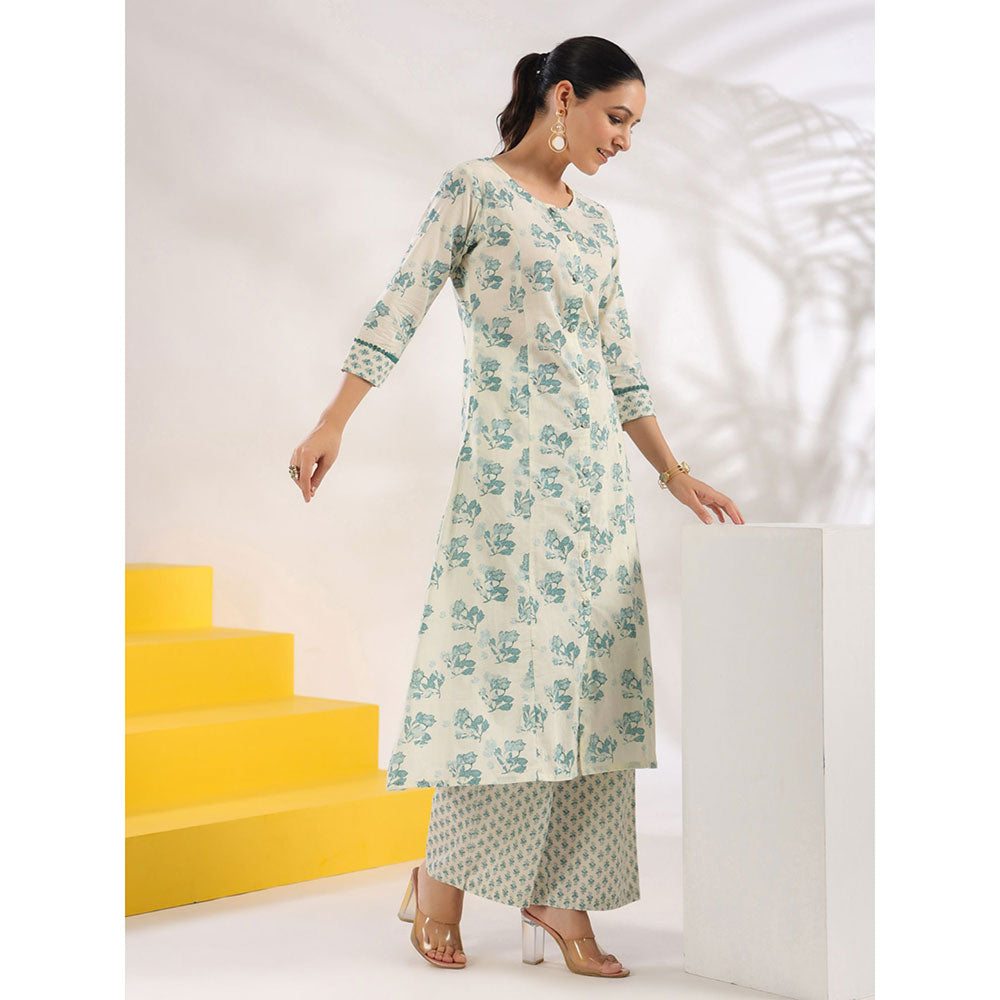 Yufta Women Cream and Blue Pure Cotton Floral Print A-Line Kurta Palazzo (Set of 2)