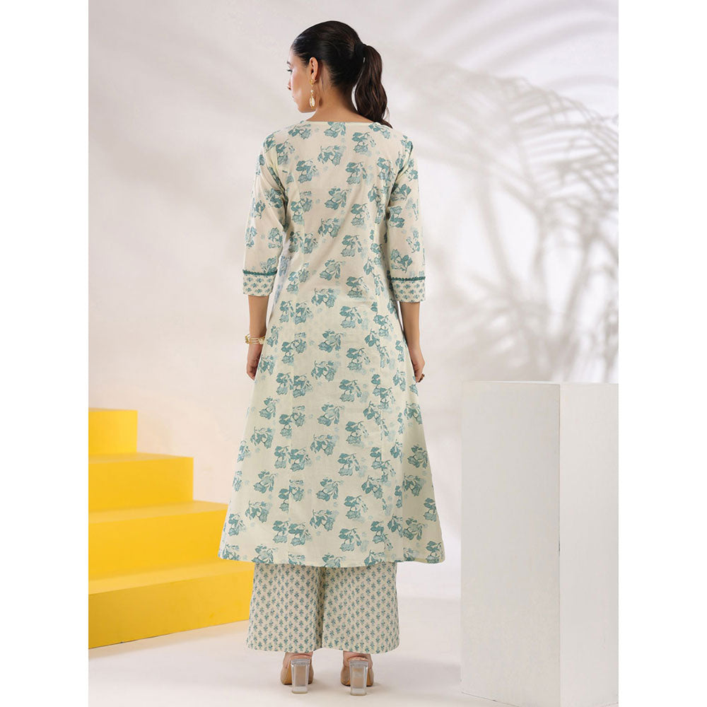 Yufta Women Cream and Blue Pure Cotton Floral Print A-Line Kurta Palazzo (Set of 2)