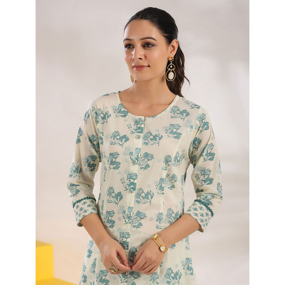 Yufta Women Cream and Blue Pure Cotton Floral Print A-Line Kurta Palazzo (Set of 2)