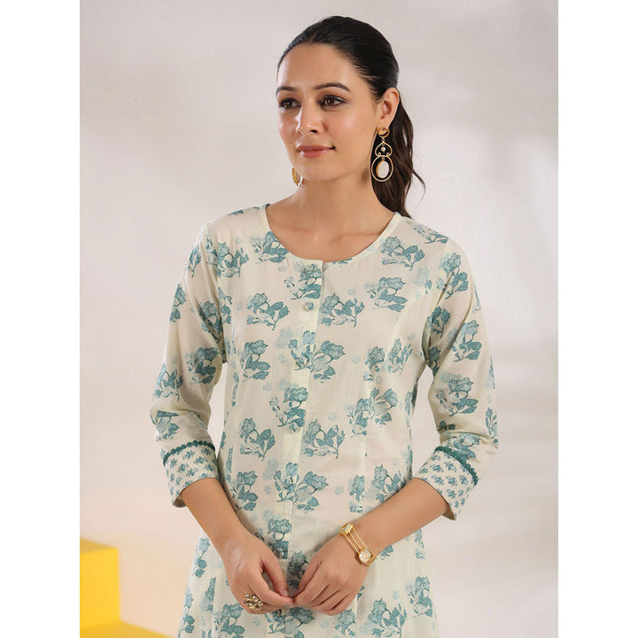 Yufta Women Cream and Blue Pure Cotton Floral Print A-Line Kurta Palazzo (Set of 2)