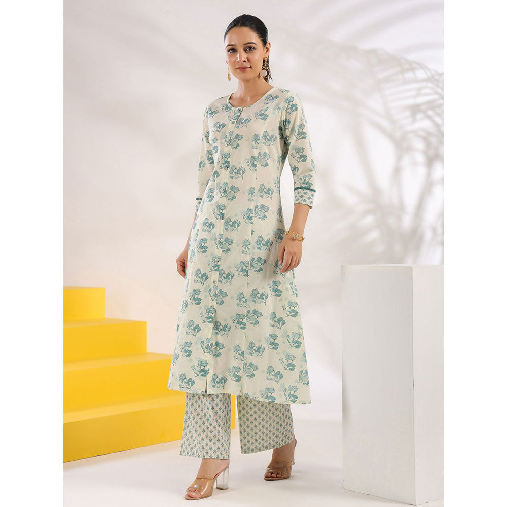 Yufta Women Cream and Blue Pure Cotton Floral Print A-Line Kurta Palazzo (Set of 2)