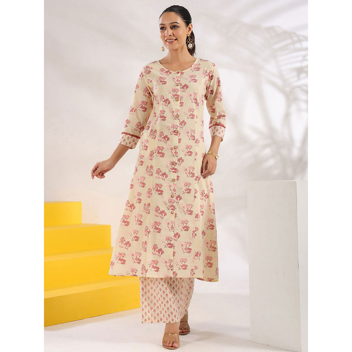 Yufta Women Cream and Pink Pure Cotton Floral Print A-Line Kurta Palazzo (Set of 2)