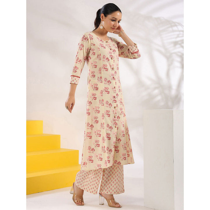 Yufta Women Cream and Pink Pure Cotton Floral Print A-Line Kurta Palazzo (Set of 2)