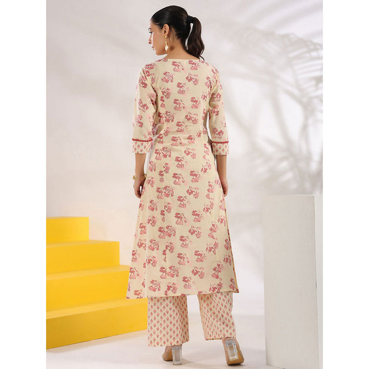 Yufta Women Cream and Pink Pure Cotton Floral Print A-Line Kurta Palazzo (Set of 2)