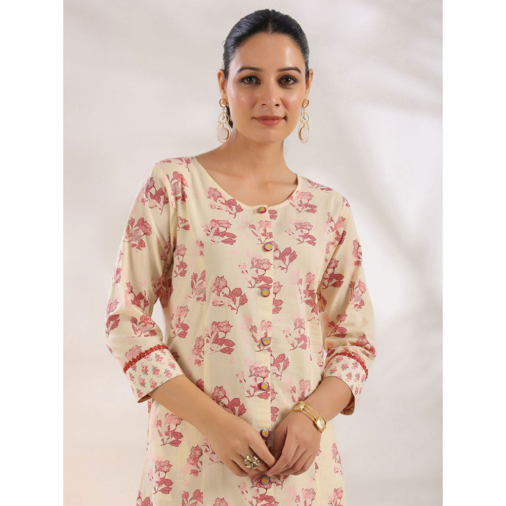 Yufta Women Cream and Pink Pure Cotton Floral Print A-Line Kurta Palazzo (Set of 2)