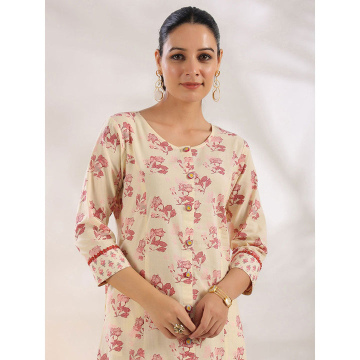 Yufta Women Cream and Pink Pure Cotton Floral Print A-Line Kurta Palazzo (Set of 2)