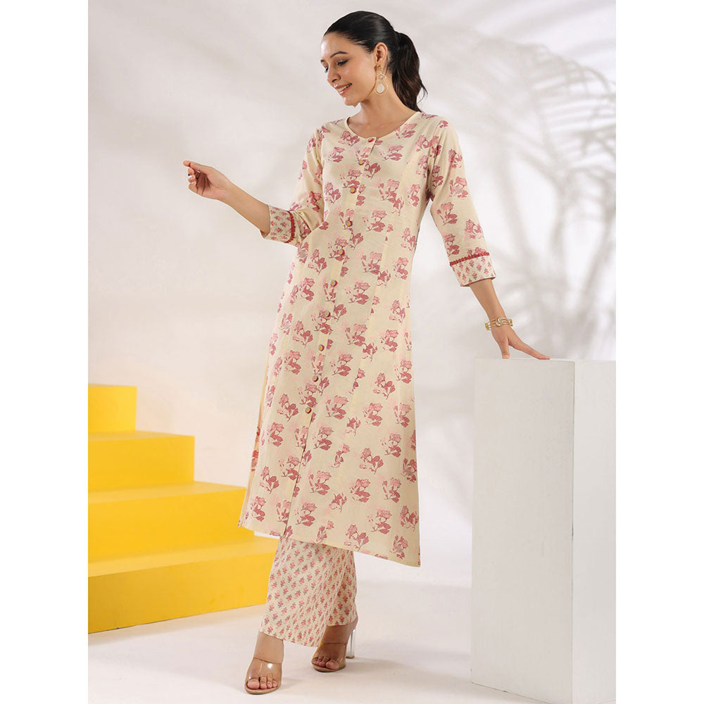 Yufta Women Cream and Pink Pure Cotton Floral Print A-Line Kurta Palazzo (Set of 2)