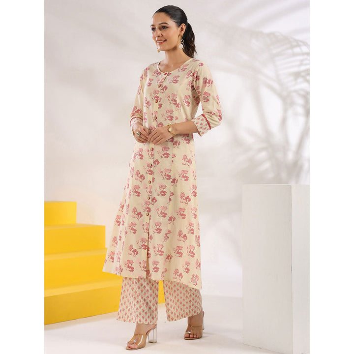 Yufta Women Cream and Pink Pure Cotton Floral Print A-Line Kurta Palazzo (Set of 2)