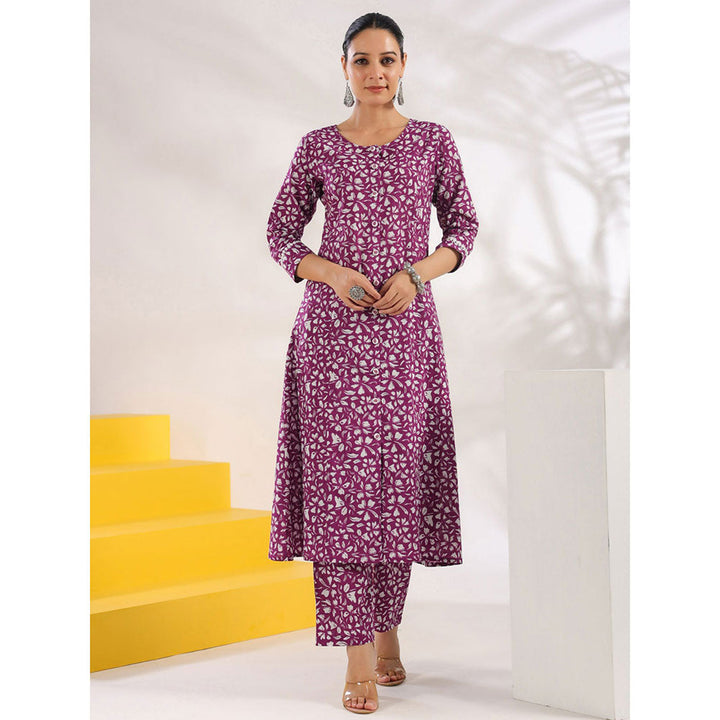 Yufta Women Purple Pure Cotton Floral Print A-Line Kurta Pants (Set of 2)