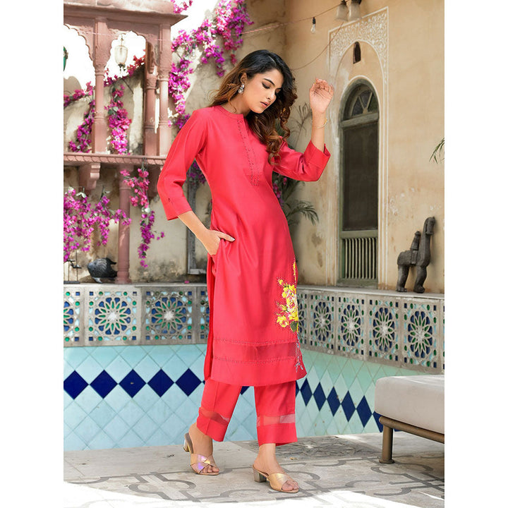 Yufta Women Red Patchwork Kurta Pants (Set of 2)