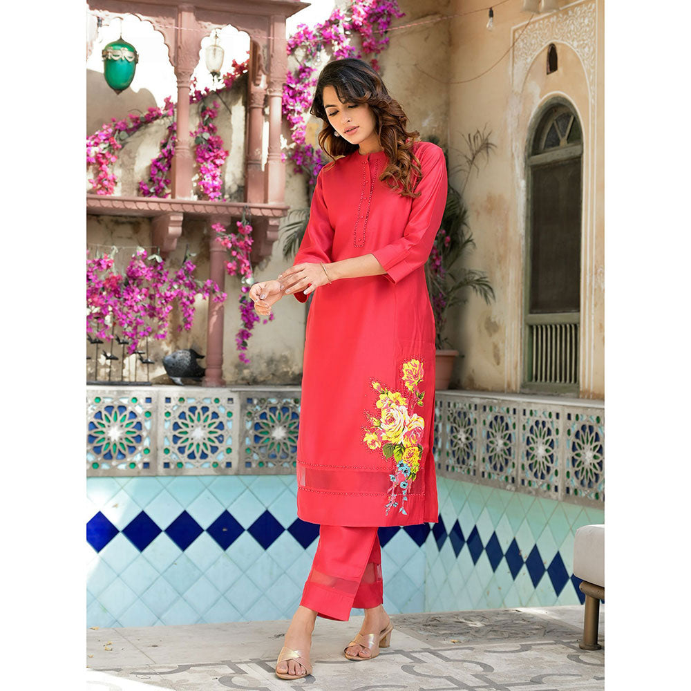 Yufta Women Red Patchwork Kurta Pants (Set of 2)