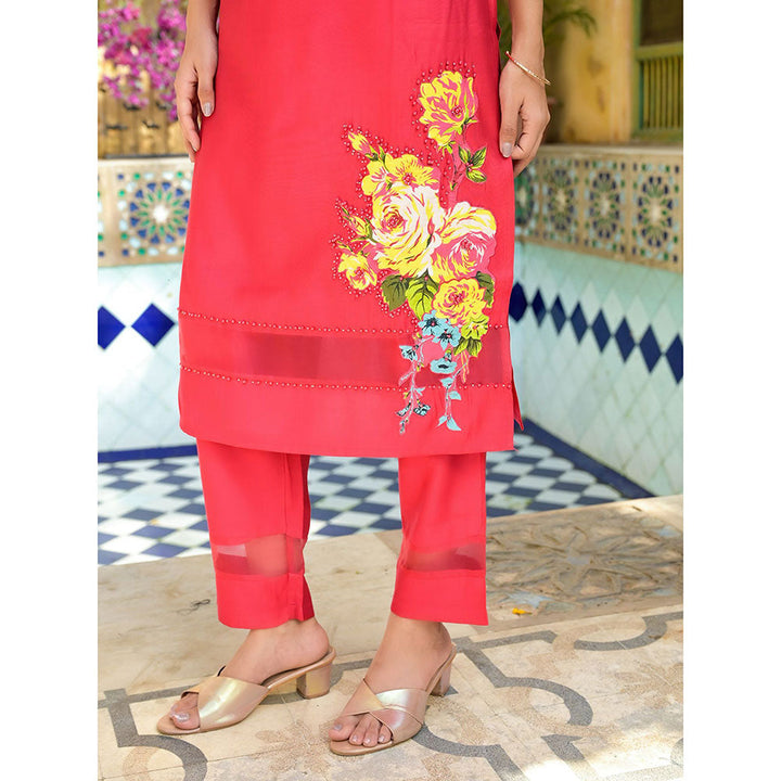 Yufta Women Red Patchwork Kurta Pants (Set of 2)