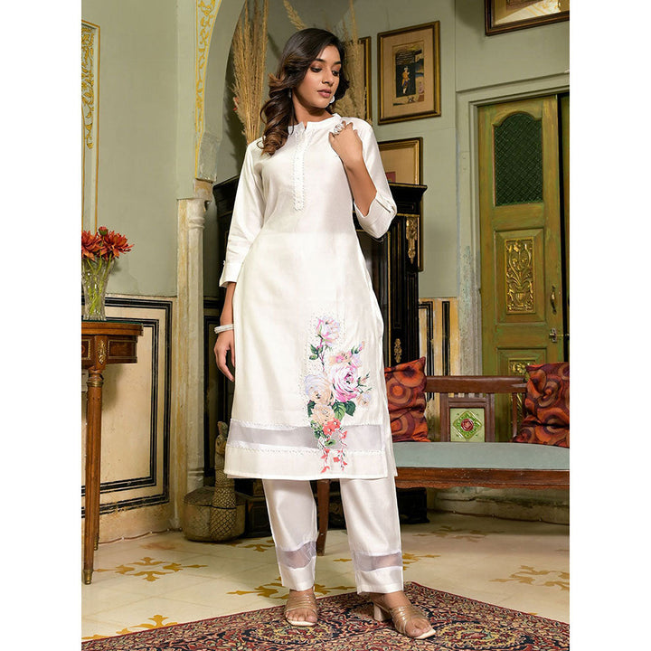 Yufta Women White Patchwork Kurta Pants (Set of 2)