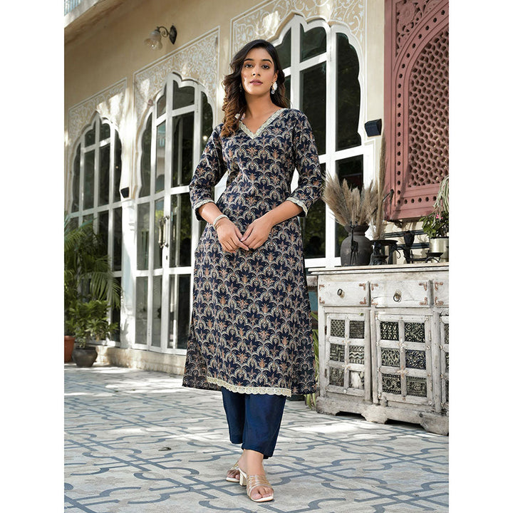 Yufta Women Navy Blue Printed Zari Work Kurta Pants (Set of 2)