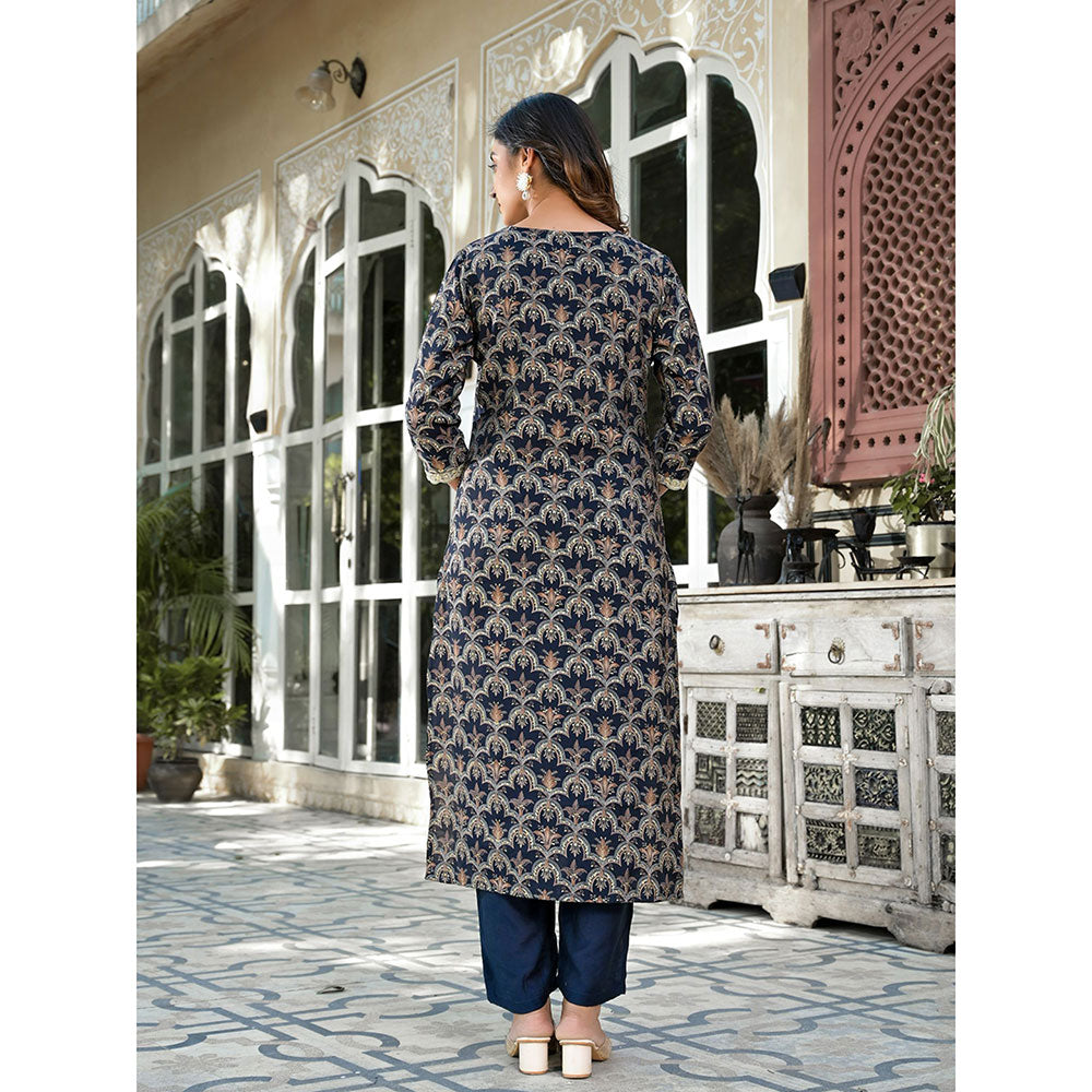 Yufta Women Navy Blue Printed Zari Work Kurta Pants (Set of 2)