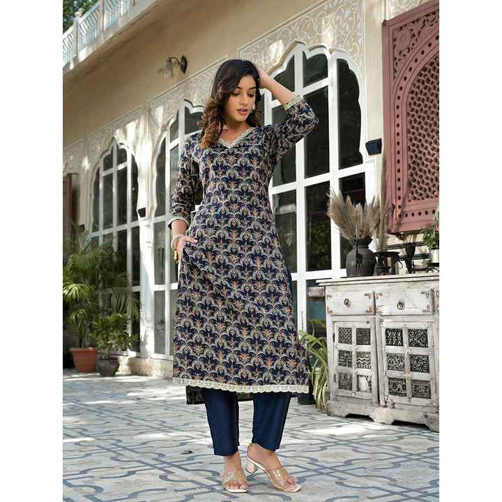 Yufta Women Navy Blue Printed Zari Work Kurta Pants (Set of 2)