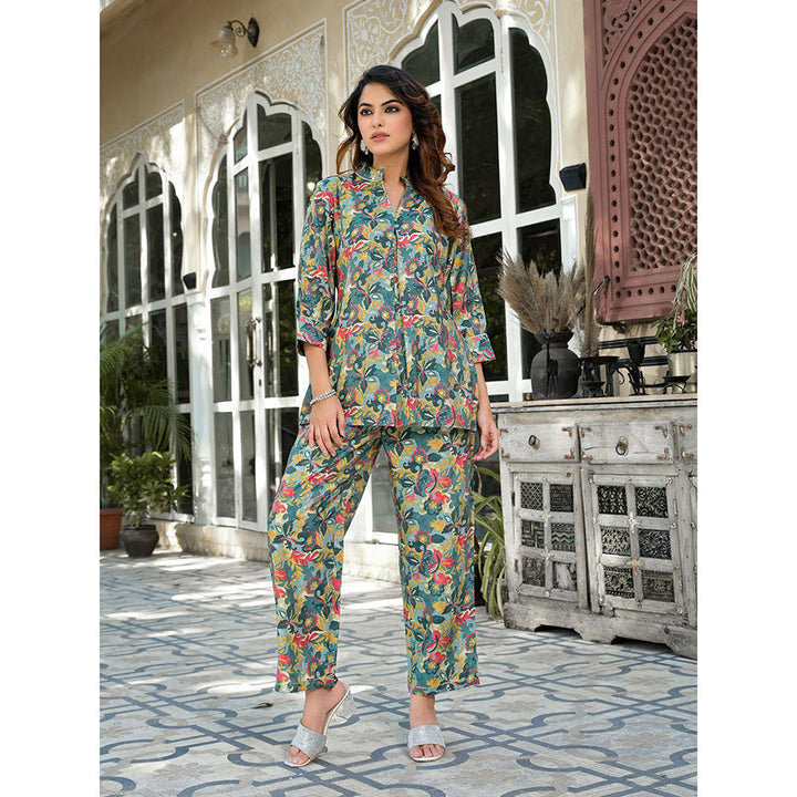 Yufta Women Sea Green Silk Blend Floral Print Co-Ord (Set of 2)