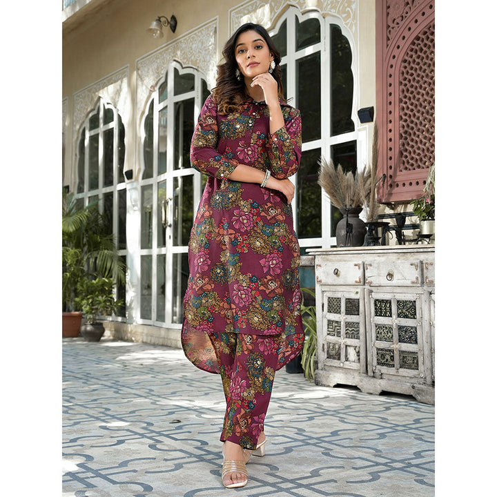 Yufta Women Burgundy Silk Blend Floral Print Co-Ord (Set of 2)