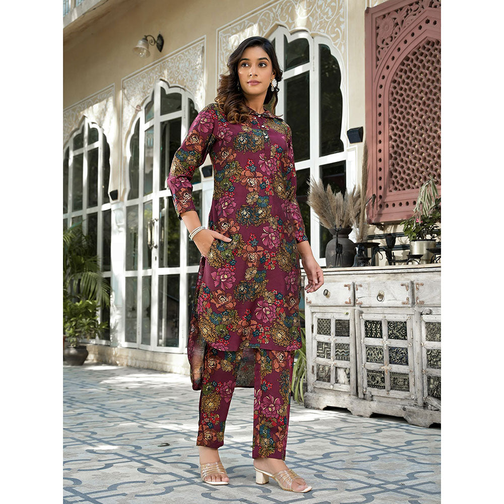 Yufta Women Burgundy Silk Blend Floral Print Co-Ord (Set of 2)