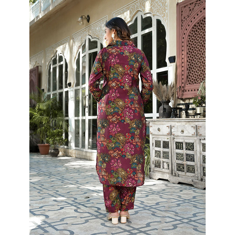 Yufta Women Burgundy Silk Blend Floral Print Co-Ord (Set of 2)