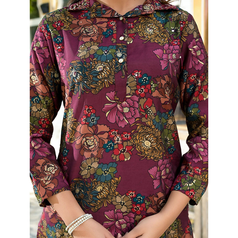 Yufta Women Burgundy Silk Blend Floral Print Co-Ord (Set of 2)