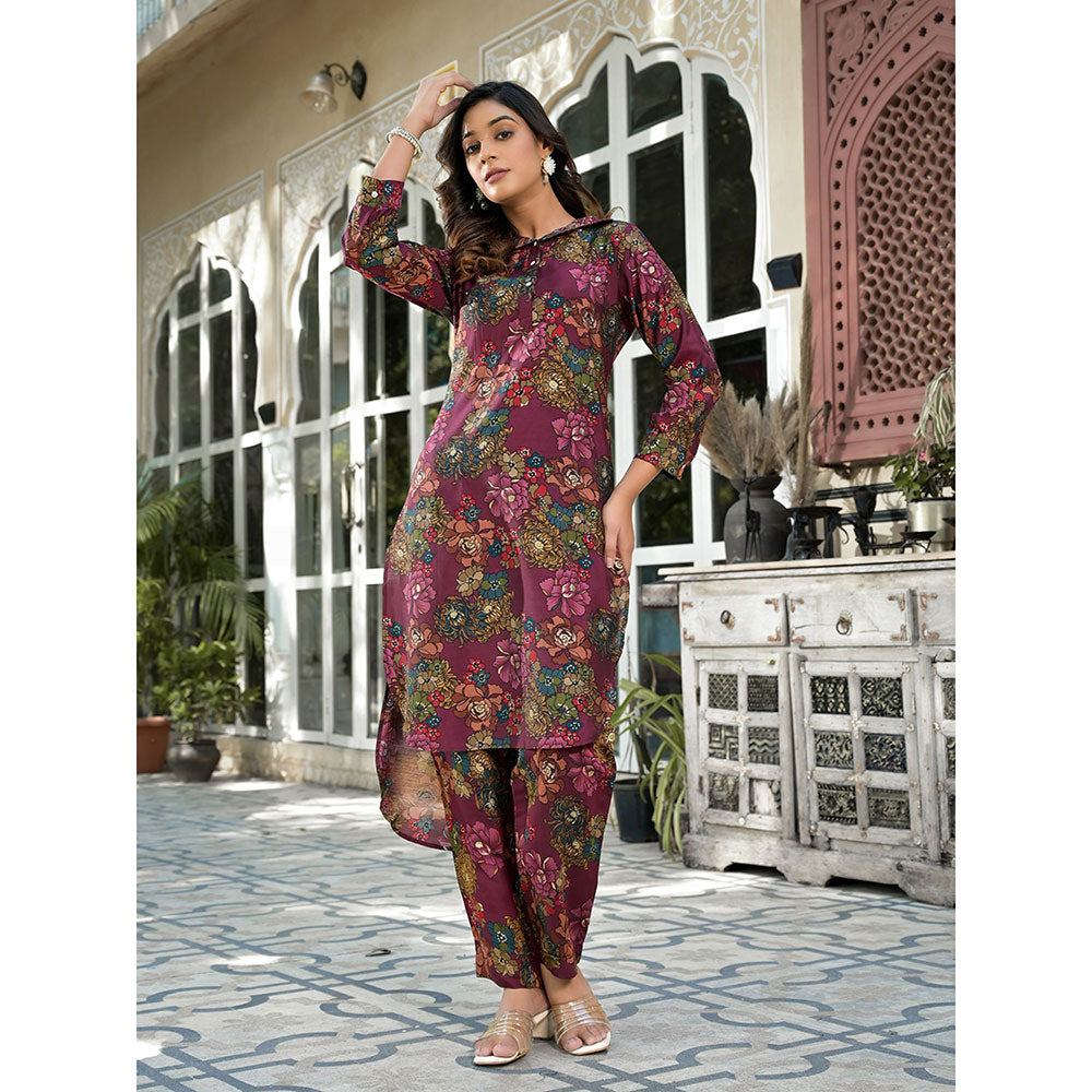 Yufta Women Burgundy Silk Blend Floral Print Co-Ord (Set of 2)