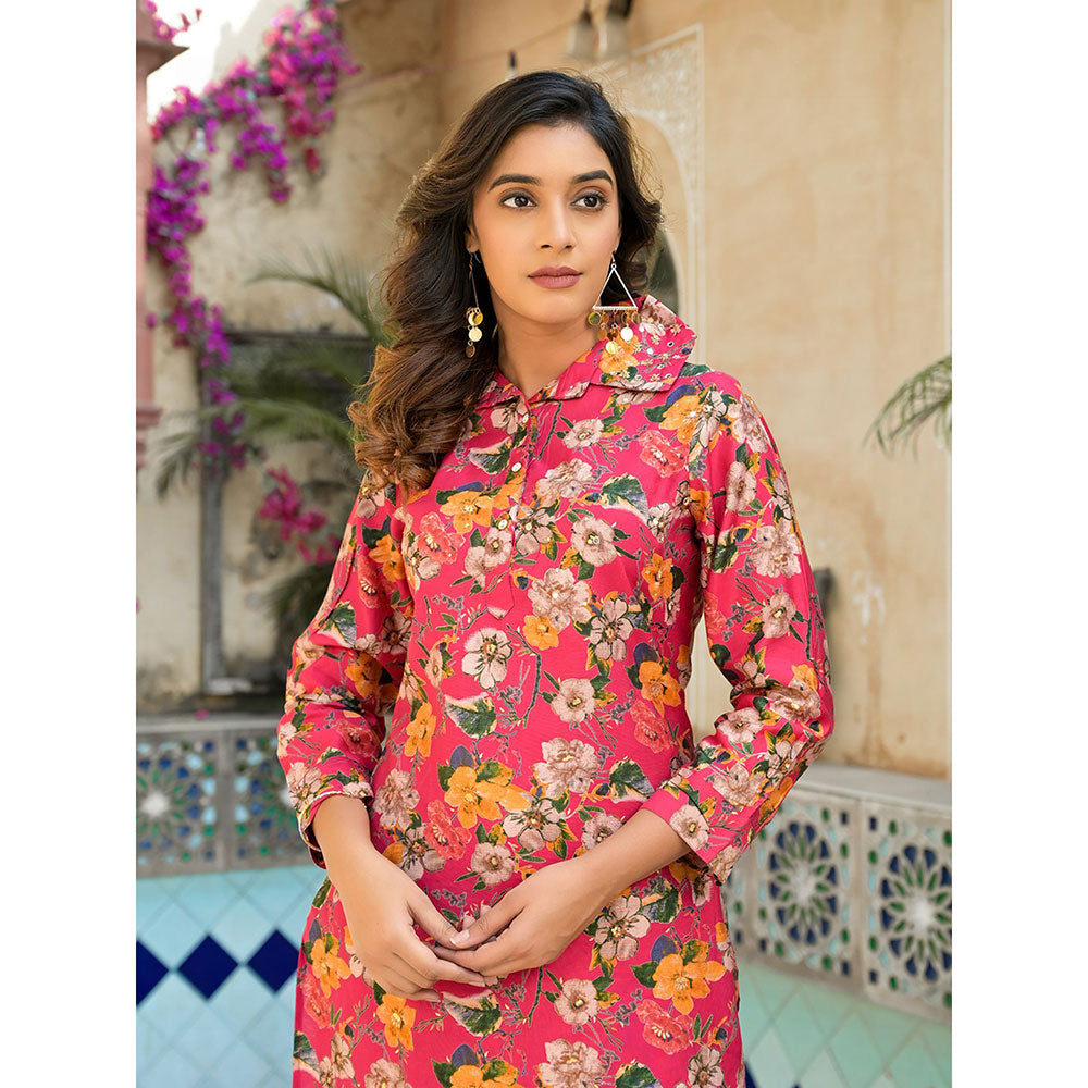 Yufta Women Pink Silk Blend Floral Print Shirt Collar Co-Ord (Set of 2)