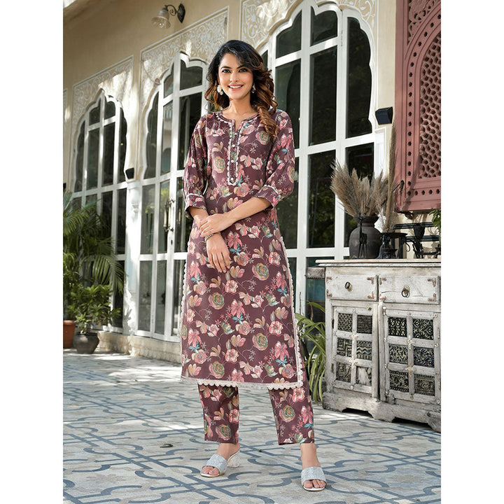 Yufta Women Brown Floral Print Patch Work Straight Kurta Pants (Set of 2)