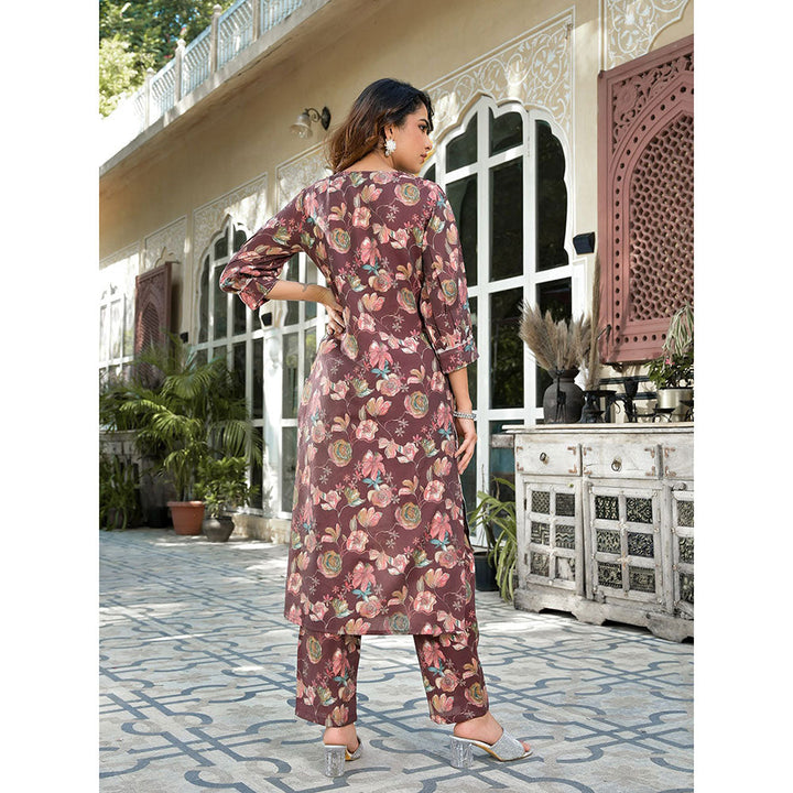 Yufta Women Brown Floral Print Patch Work Straight Kurta Pants (Set of 2)