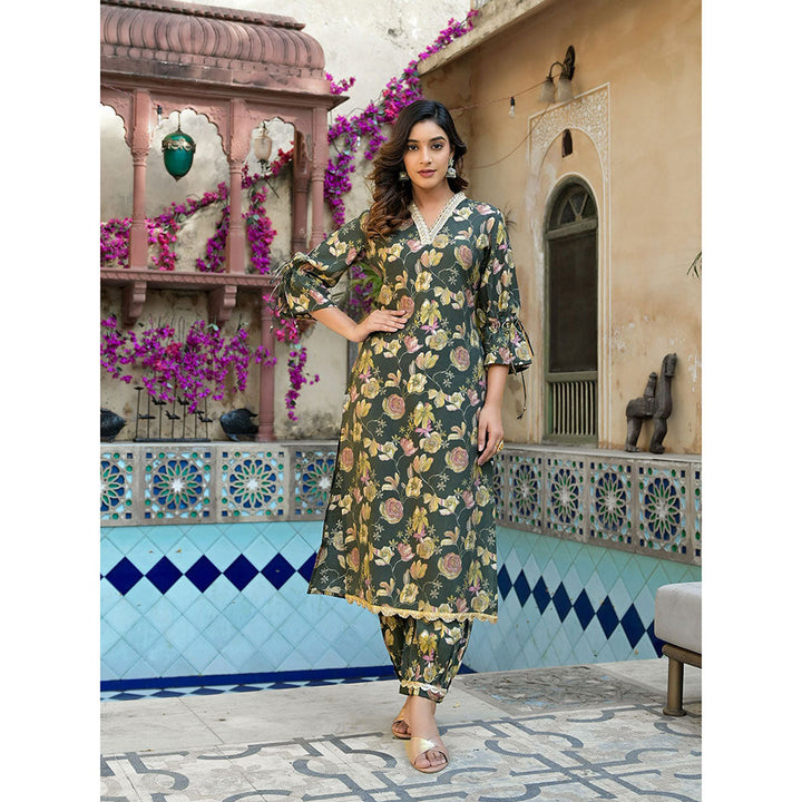 Yufta Women Olive Green Floral Print Straight Kurta Pants (Set of 2)