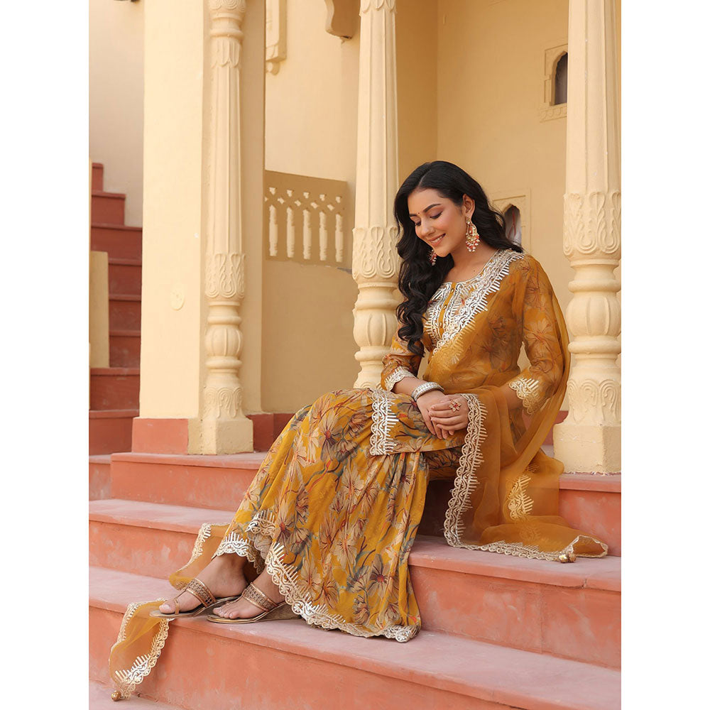 Yufta Mustard Pure Chinon Kurta Dupatta with Gota Work Detailing and Cotton Lining (Set of 3)