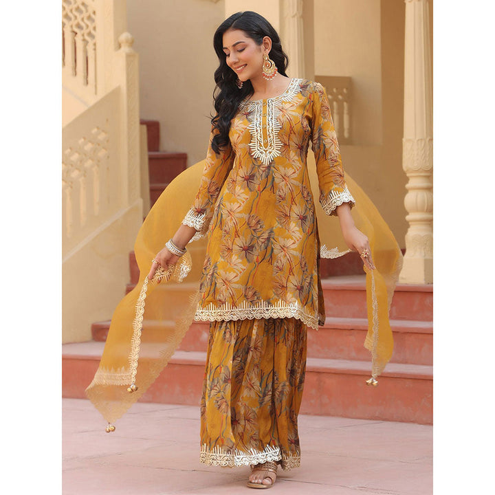 Yufta Mustard Pure Chinon Kurta Dupatta with Gota Work Detailing and Cotton Lining (Set of 3)