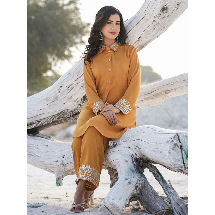 Yufta Mustard Woven Design Co-Ord with Gota Detailing (Set of 2)