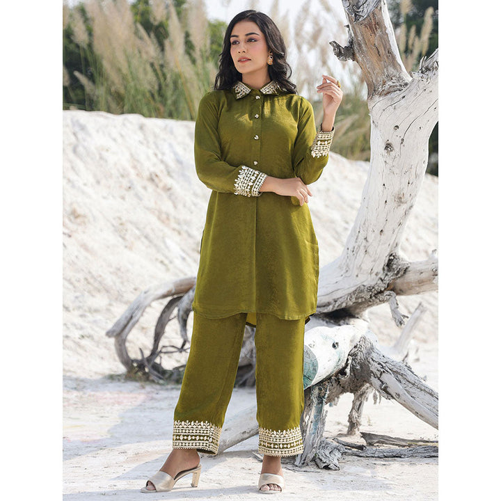 Yufta Olive Green Woven Design Co-Ord with Gota Detailing (Set of 2)