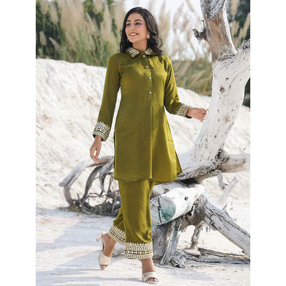 Yufta Olive Green Woven Design Co-Ord with Gota Detailing (Set of 2)