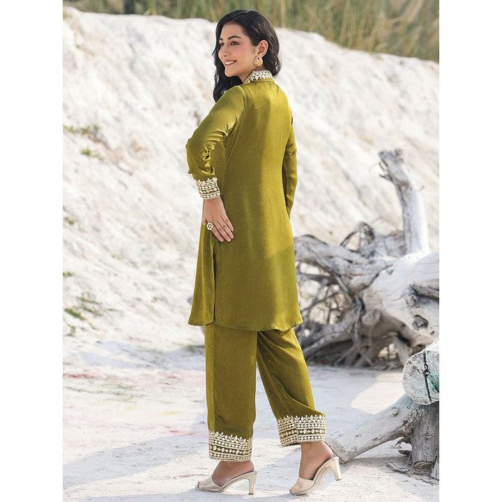 Yufta Olive Green Woven Design Co-Ord with Gota Detailing (Set of 2)