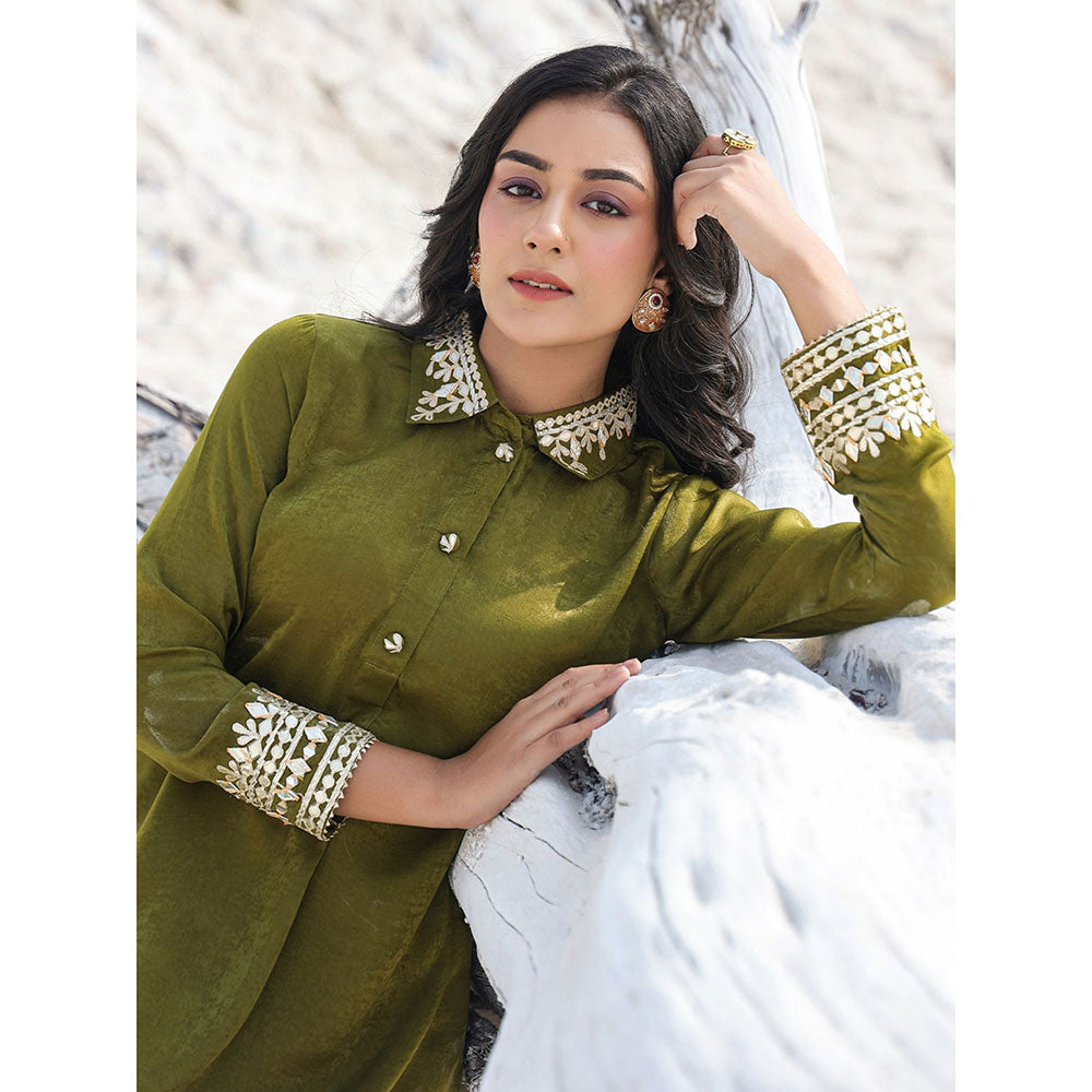 Yufta Olive Green Woven Design Co-Ord with Gota Detailing (Set of 2)