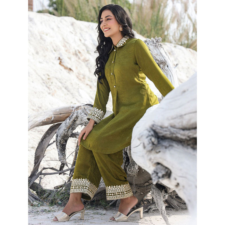 Yufta Olive Green Woven Design Co-Ord with Gota Detailing (Set of 2)