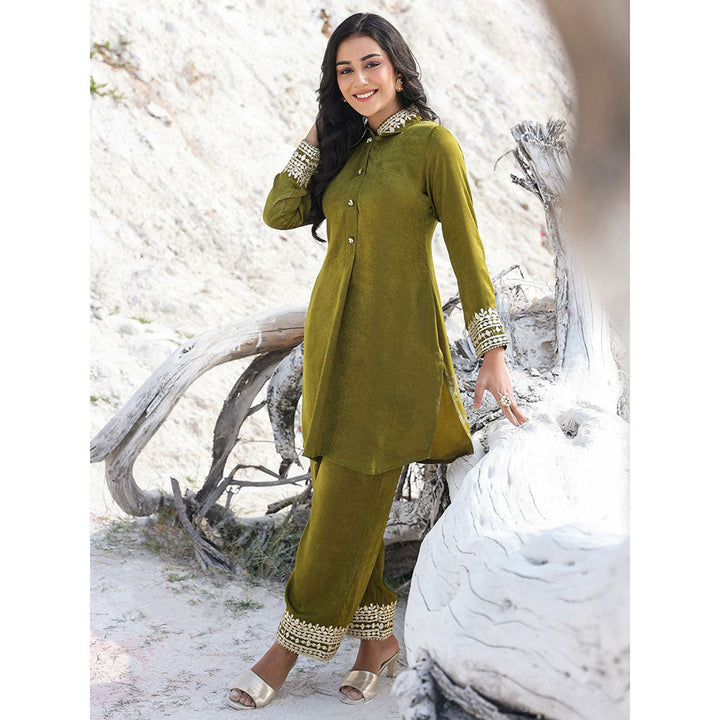 Yufta Olive Green Woven Design Co-Ord with Gota Detailing (Set of 2)