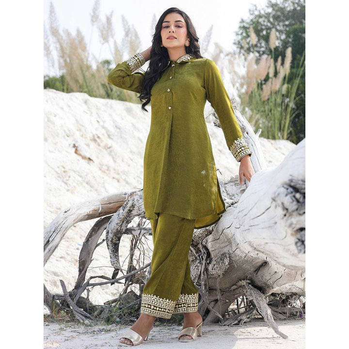 Yufta Olive Green Woven Design Co-Ord with Gota Detailing (Set of 2)