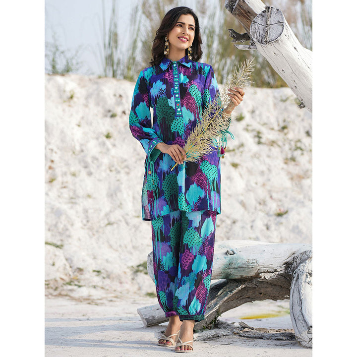 Yufta Blue Pure Muslin Co-Ord with Mirror Work Detailing On Placket and Sleeve (Set of 2)