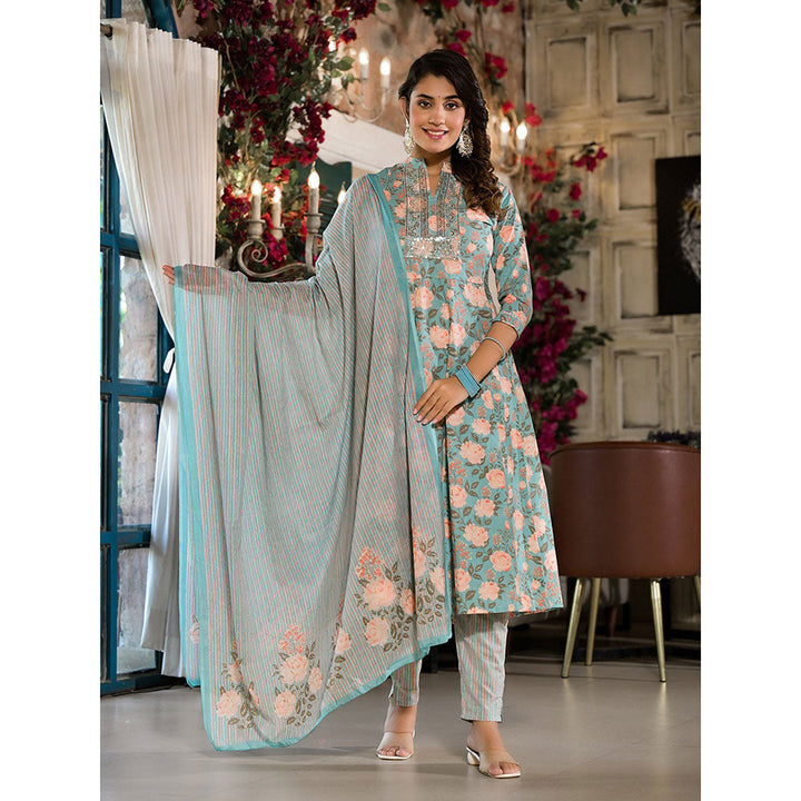 Yufta Women Sky Blue Floral,Sequins Work Kurta Trouser with Dupatta (Set of 3)