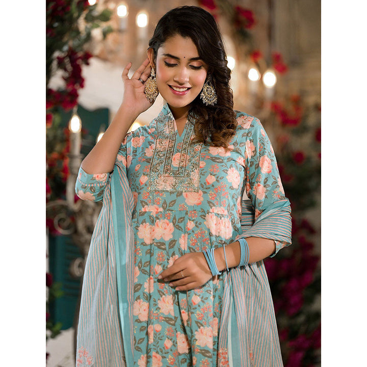 Yufta Women Sky Blue Floral,Sequins Work Kurta Trouser with Dupatta (Set of 3)