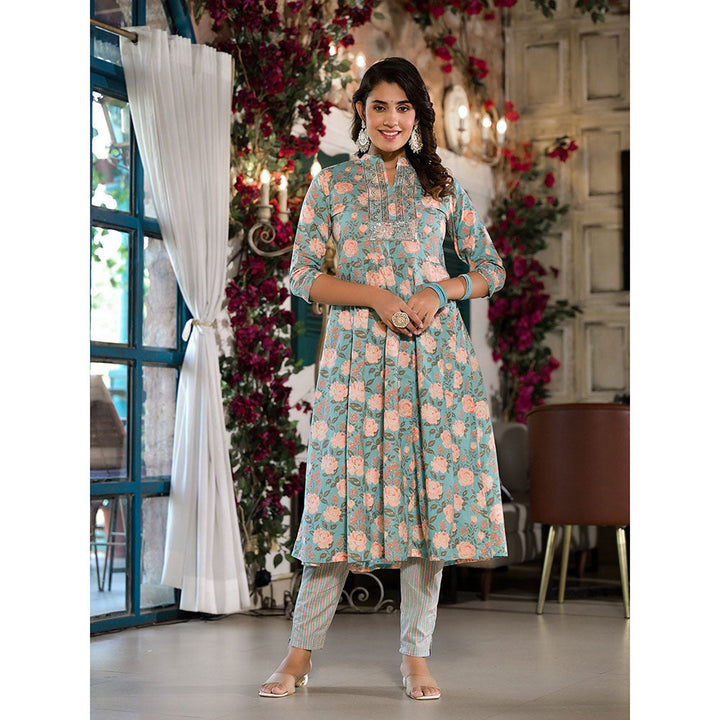 Yufta Women Sky Blue Floral,Sequins Work Kurta Trouser with Dupatta (Set of 3)