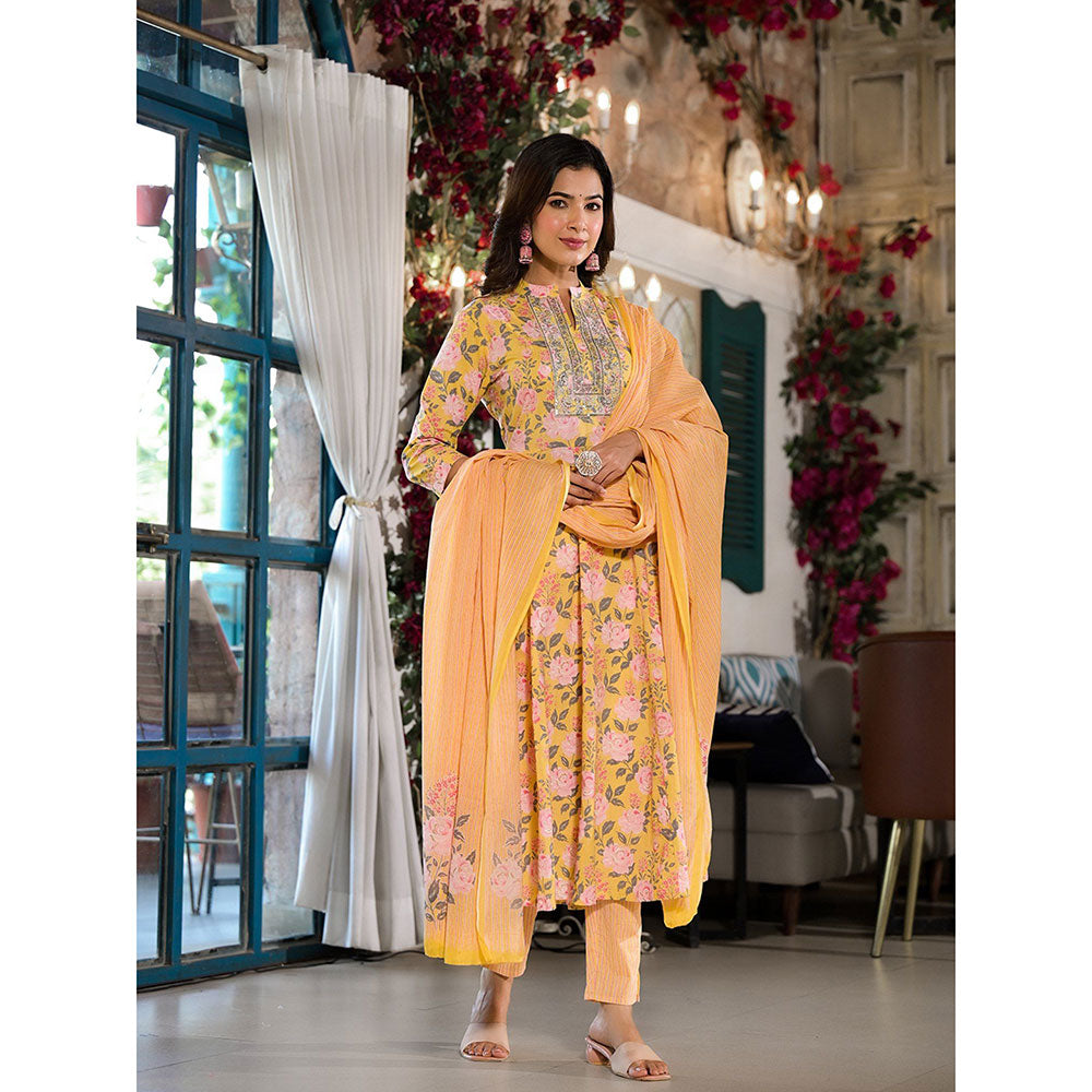 Yufta Women Yellow Floral,Sequins Work Kurta Trouser with Dupatta (Set of 3)