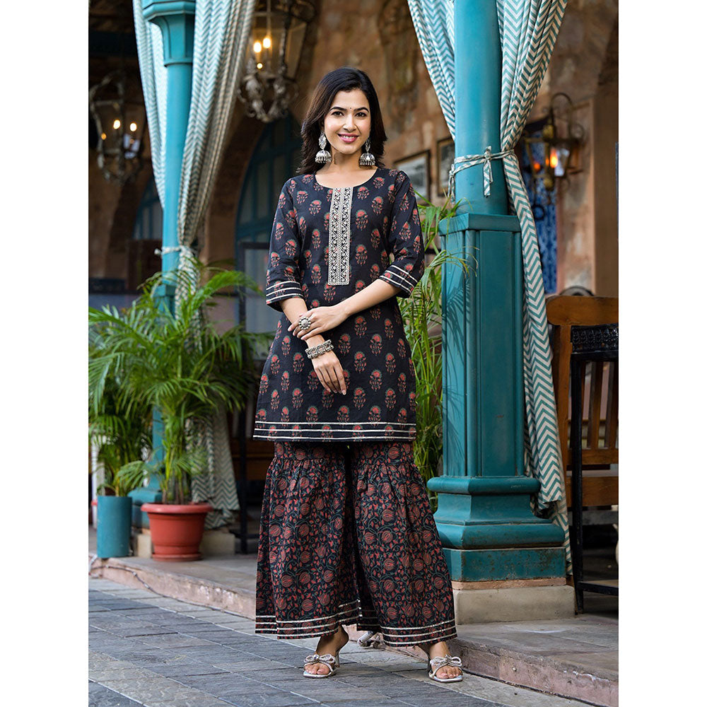 Yufta Women Black Floral,Zari Work Kurta Sharara with Dupatta (Set of 3)