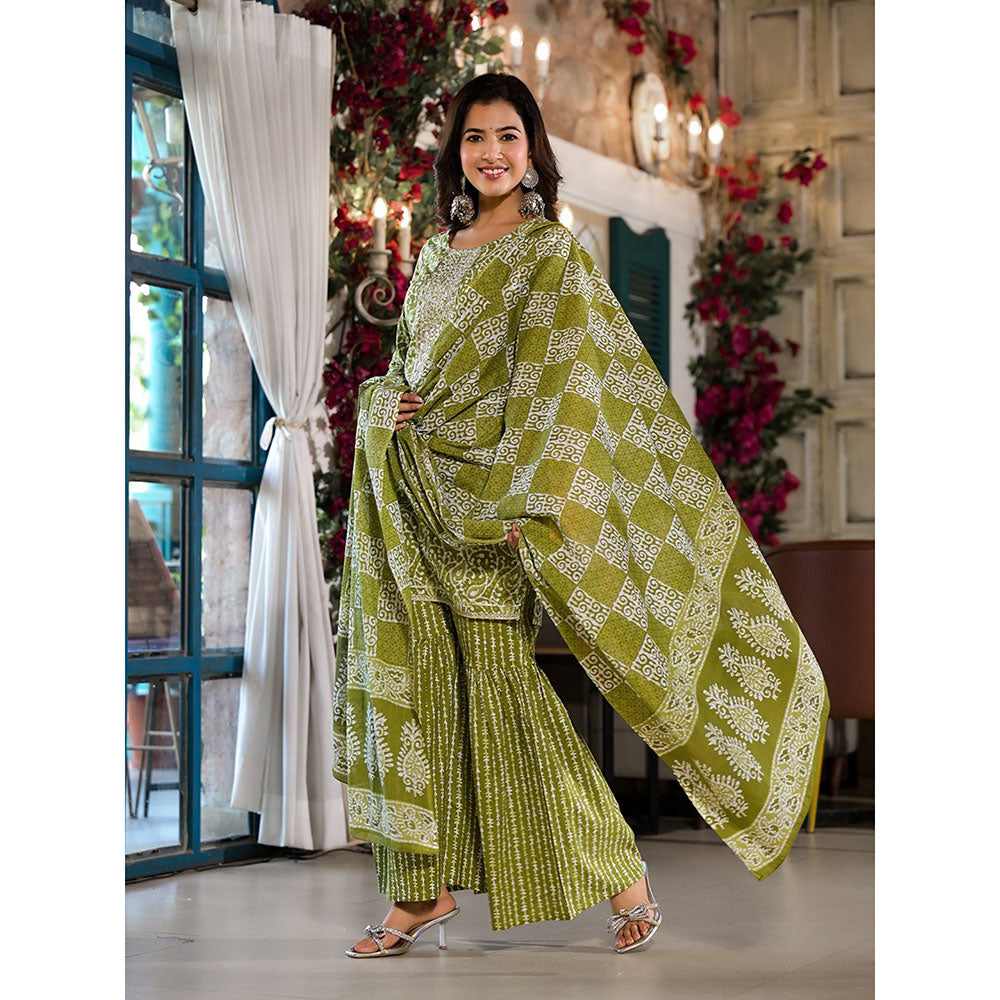 Yufta Women Olive Green Ethnic Motifs,Zari Work Kurta Sharara with Dupatta (Set of 3)